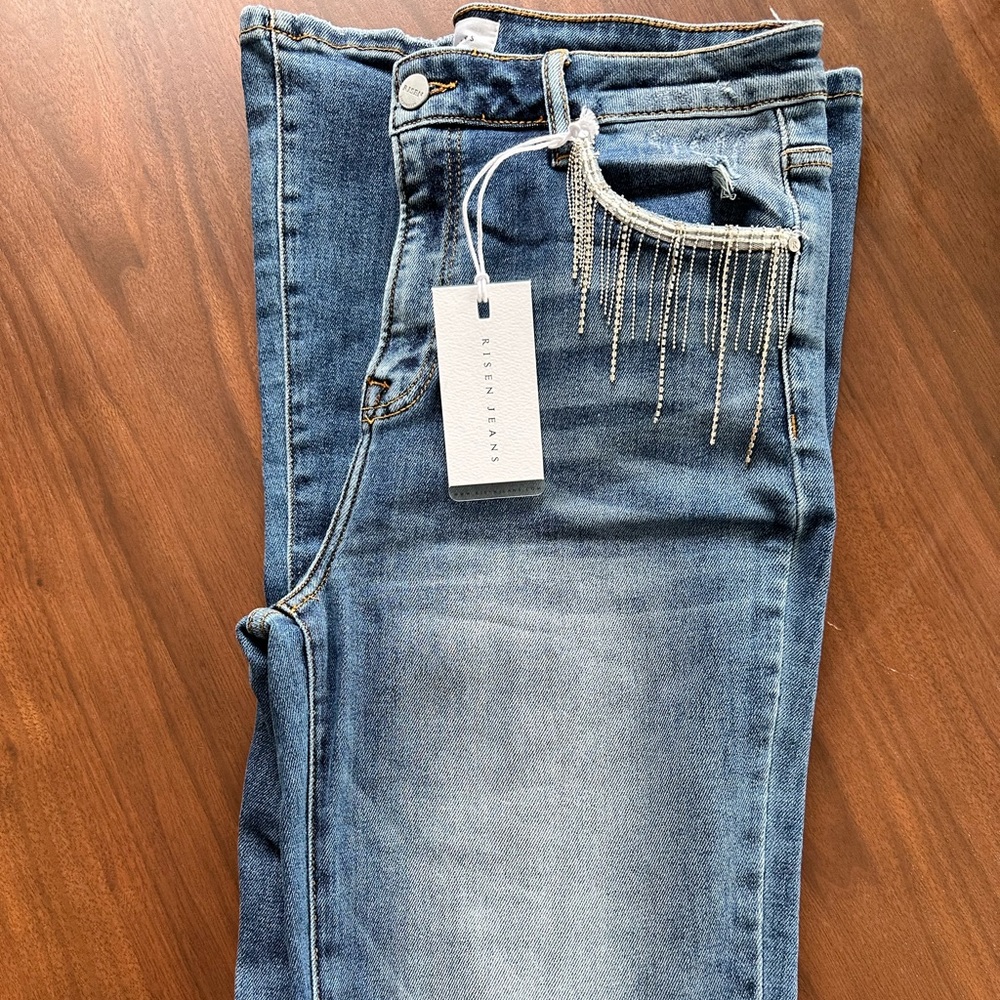 Risen Dark Wash Denim Jeans High Waist Flare Rhinestone Sparkle Fringe NWT 15/32